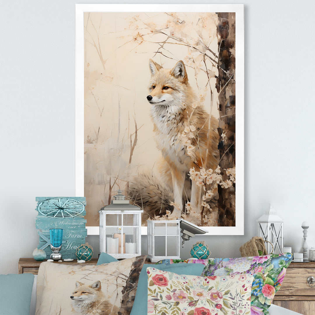 Minimal Wolf In Forest - Beige Wolf Wall Art