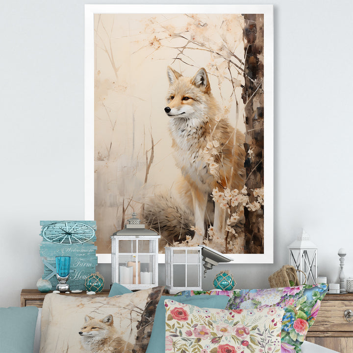 Minimal Wolf In Forest - Beige Wolf Wall Art