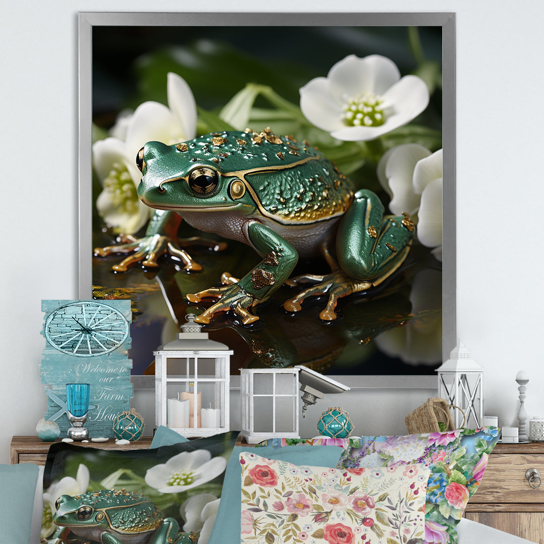 Green Frog On Glass Effect - Frog Framed Canvas Art