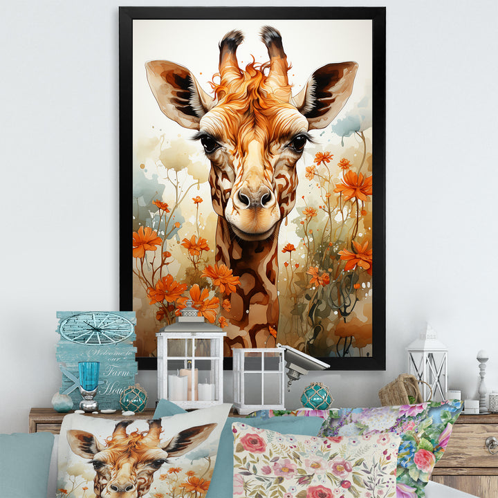 Cute Giraffe In Flowers Field - Beige Giraffe Wall Art
