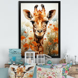 Cute Giraffe In Flowers Field - Beige Giraffe Wall Art