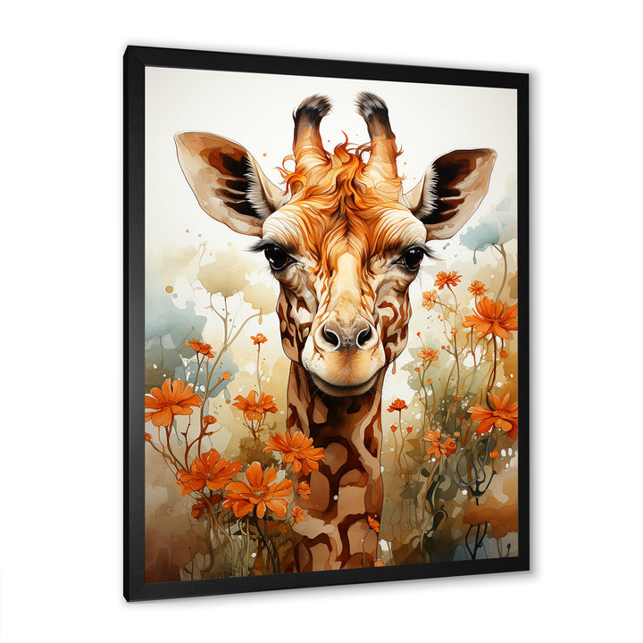 Cute Giraffe In Flowers Field - Beige Giraffe Wall Art