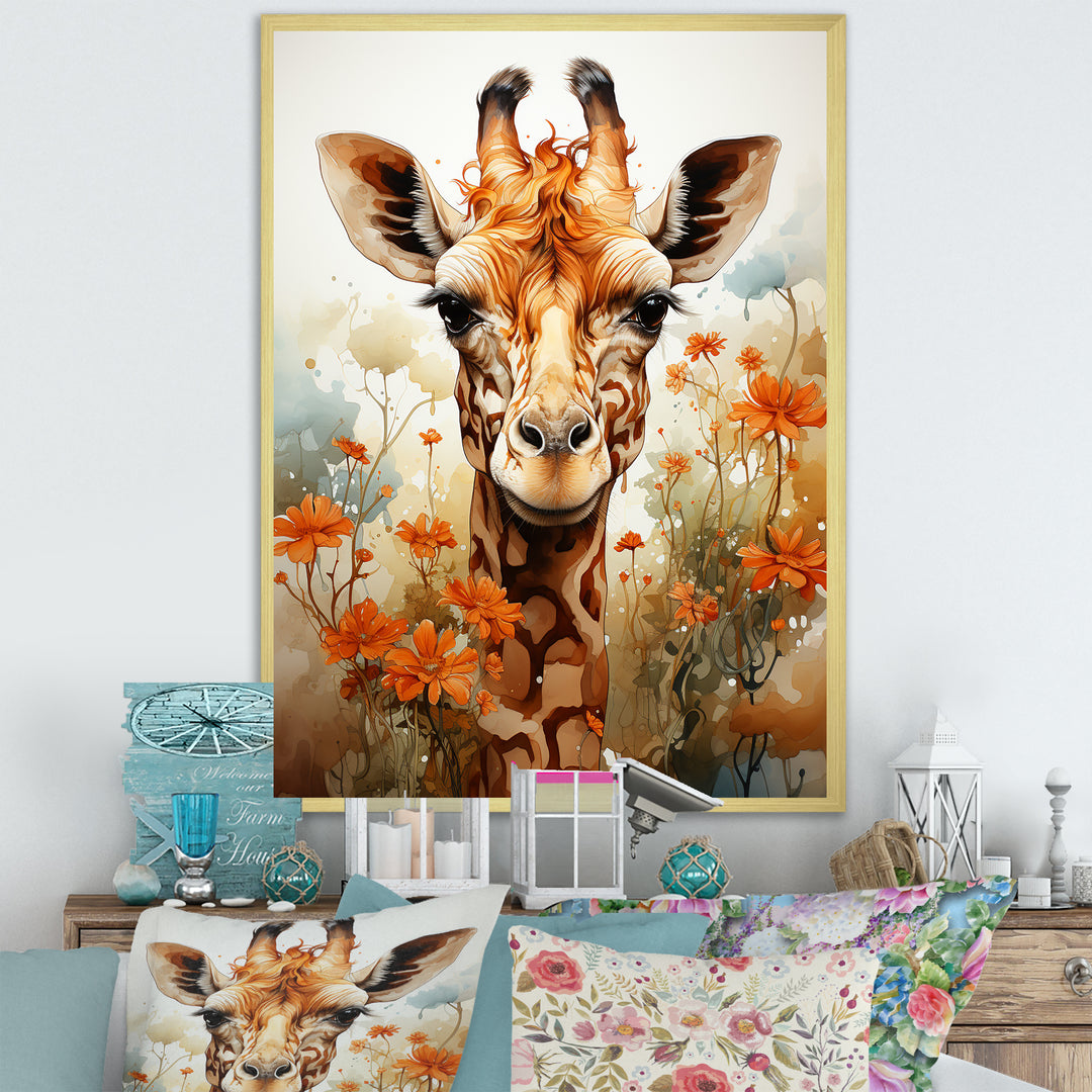 Cute Giraffe In Flowers Field - Beige Giraffe Wall Art