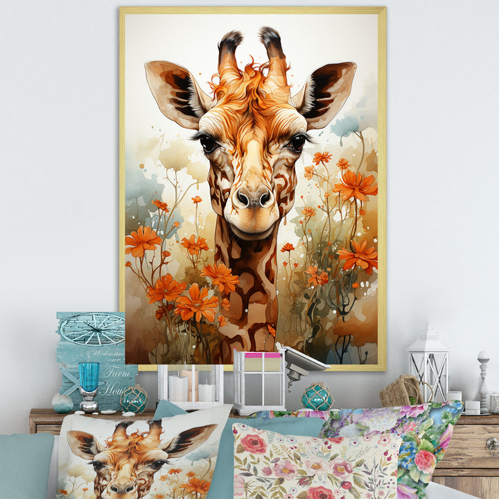 Cute Giraffe In Flowers Field - Beige Giraffe Wall Art