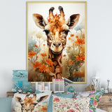 Cute Giraffe In Flowers Field - Beige Giraffe Wall Art