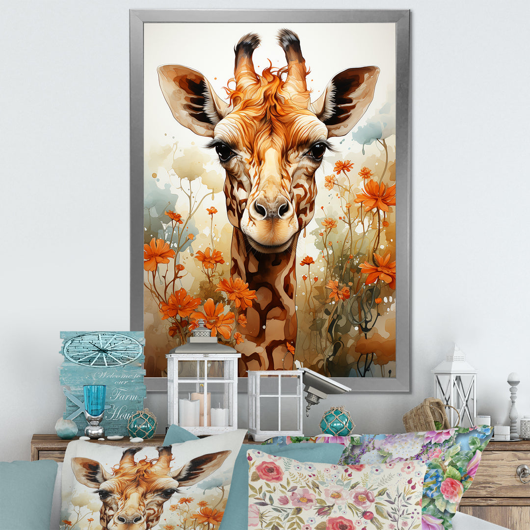 Cute Giraffe In Flowers Field - Beige Giraffe Wall Art