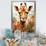 Cute Giraffe In Flowers Field - Beige Giraffe Wall Art