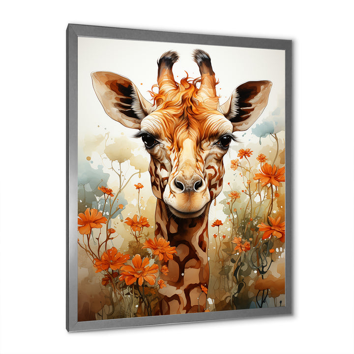 Cute Giraffe In Flowers Field - Beige Giraffe Wall Art