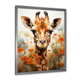 Cute Giraffe In Flowers Field - Beige Giraffe Wall Art