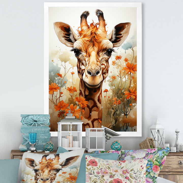 Cute Giraffe In Flowers Field - Beige Giraffe Wall Art