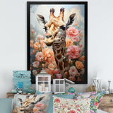 Cute Pink Floral Giraffe Portrait - Giraffe Framed Canvas Art