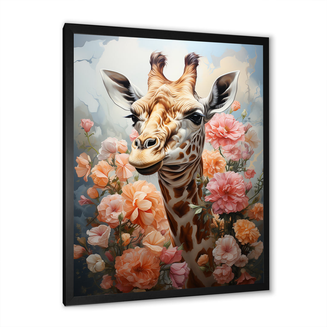Cute Pink Floral Giraffe Portrait - Giraffe Framed Canvas Art