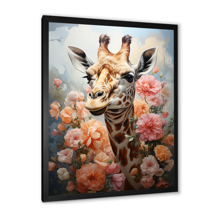 Cute Pink Floral Giraffe Portrait - Giraffe Framed Canvas Art