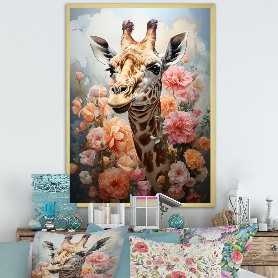 Cute Pink Floral Giraffe Portrait - Giraffe Framed Canvas Art