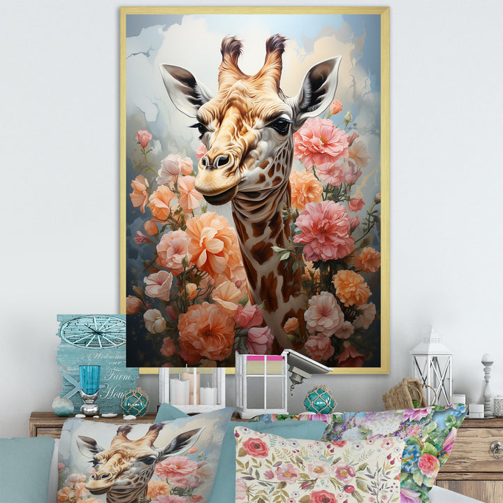 Cute Pink Floral Giraffe Portrait - Giraffe Framed Canvas Art