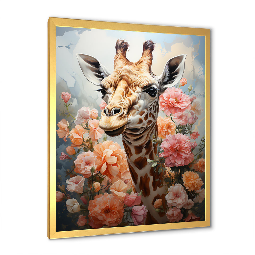Cute Pink Floral Giraffe Portrait - Giraffe Framed Canvas Art