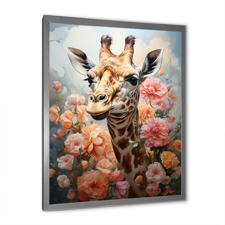 Cute Pink Floral Giraffe Portrait - Giraffe Framed Canvas Art
