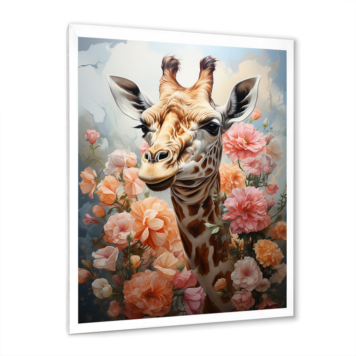 Cute Pink Floral Giraffe Portrait - Giraffe Framed Canvas Art