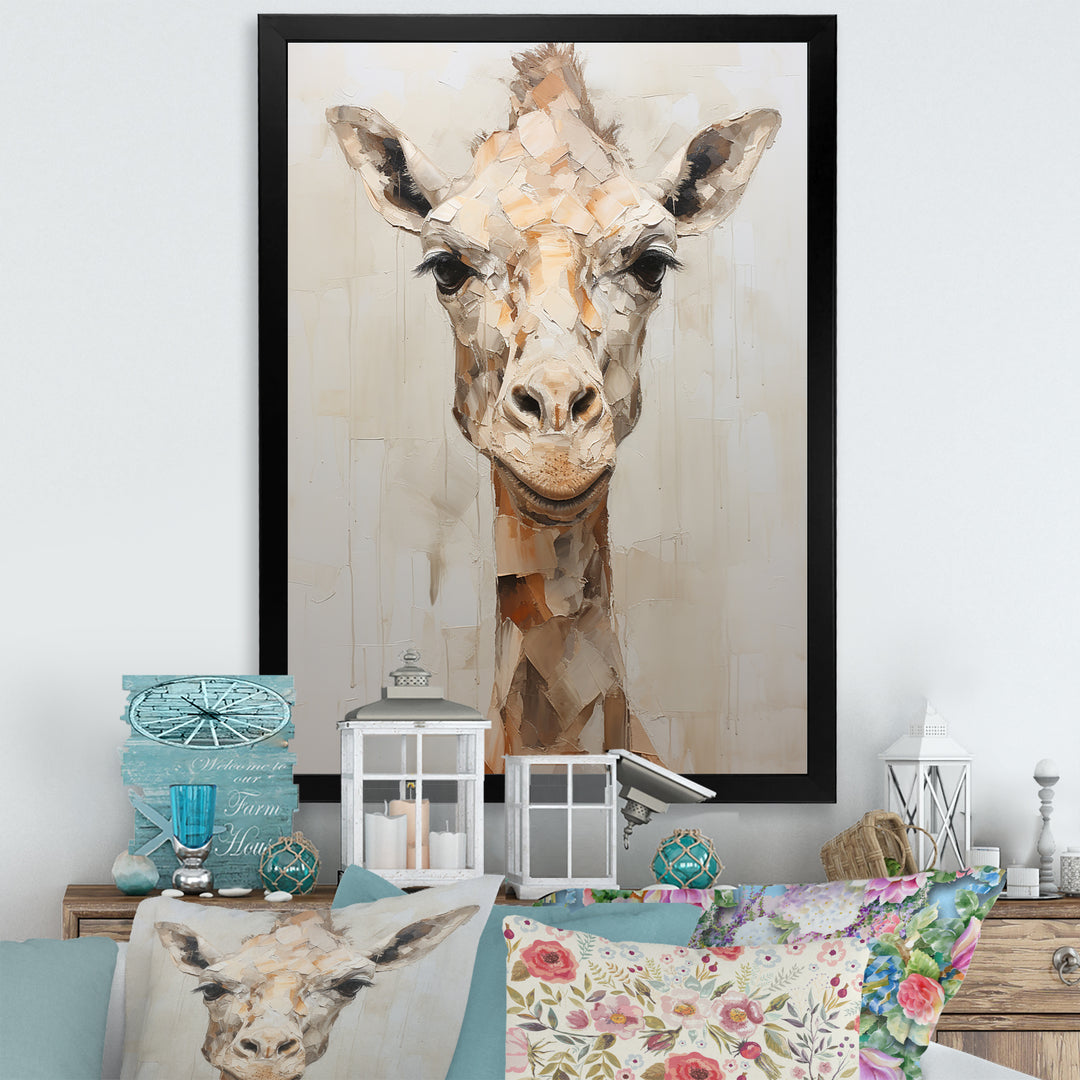 Minimalism Beige Giraffe Selfie - Giraffe Home Decor Art