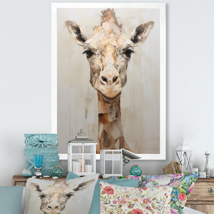 Minimalism Beige Giraffe Selfie - Giraffe Home Decor Art