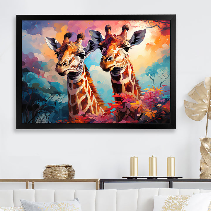Multicolor Playful Giraffes - Giraffe Framed Canvas Art