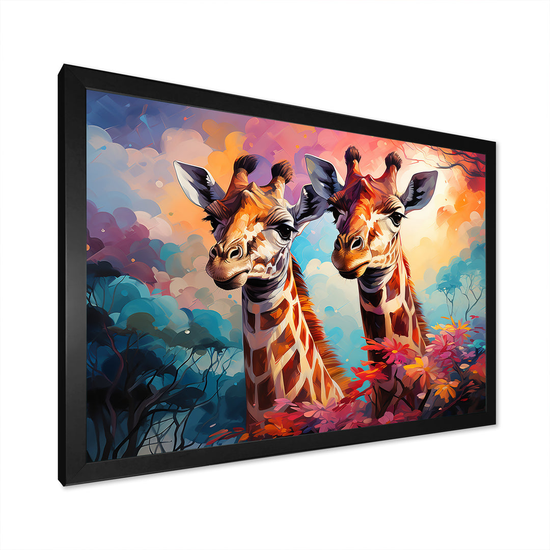 Multicolor Playful Giraffes - Giraffe Framed Canvas Art