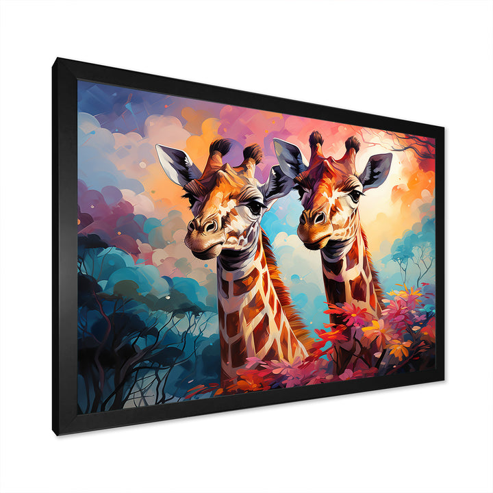 Multicolor Playful Giraffes - Giraffe Framed Canvas Art