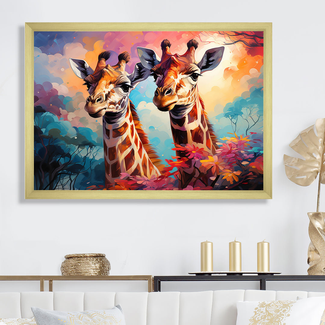 Multicolor Playful Giraffes - Giraffe Framed Canvas Art