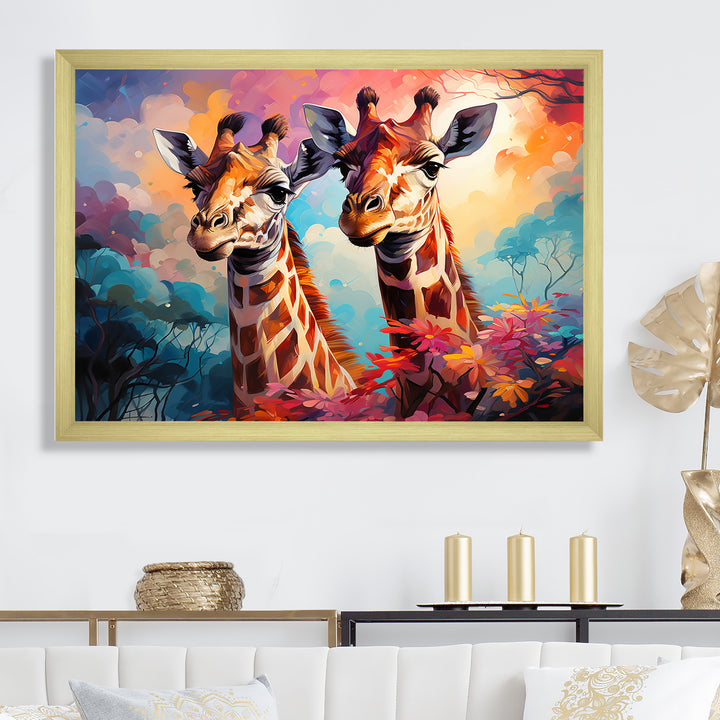 Multicolor Playful Giraffes - Giraffe Framed Canvas Art