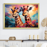 Multicolor Playful Giraffes - Giraffe Framed Canvas Art