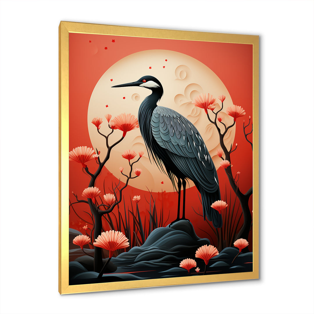 Red Japanese Heron Ink Portrait - Heron Wall Art Prints