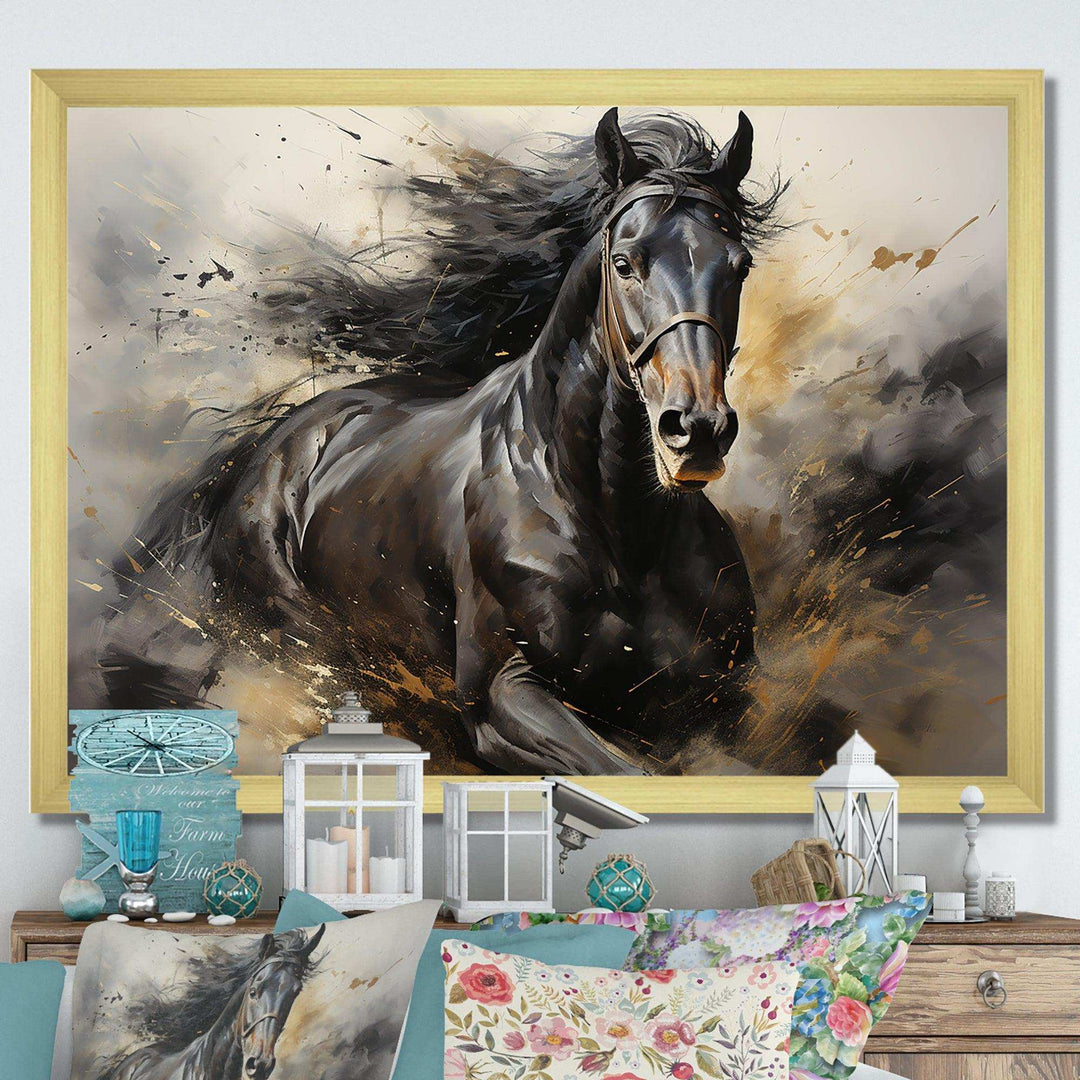 Black Stallion In Motion I - Animals Canvas Wall Art
