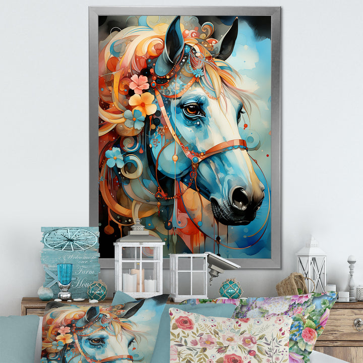 Whimsical Of A Flower Horse Cantering In Fog - Horse Wall Art Prints