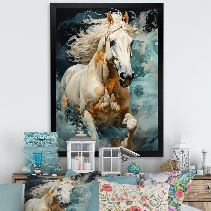 Whimsical Of A Horse Cantering In Fog - Beige Horse Wall Art