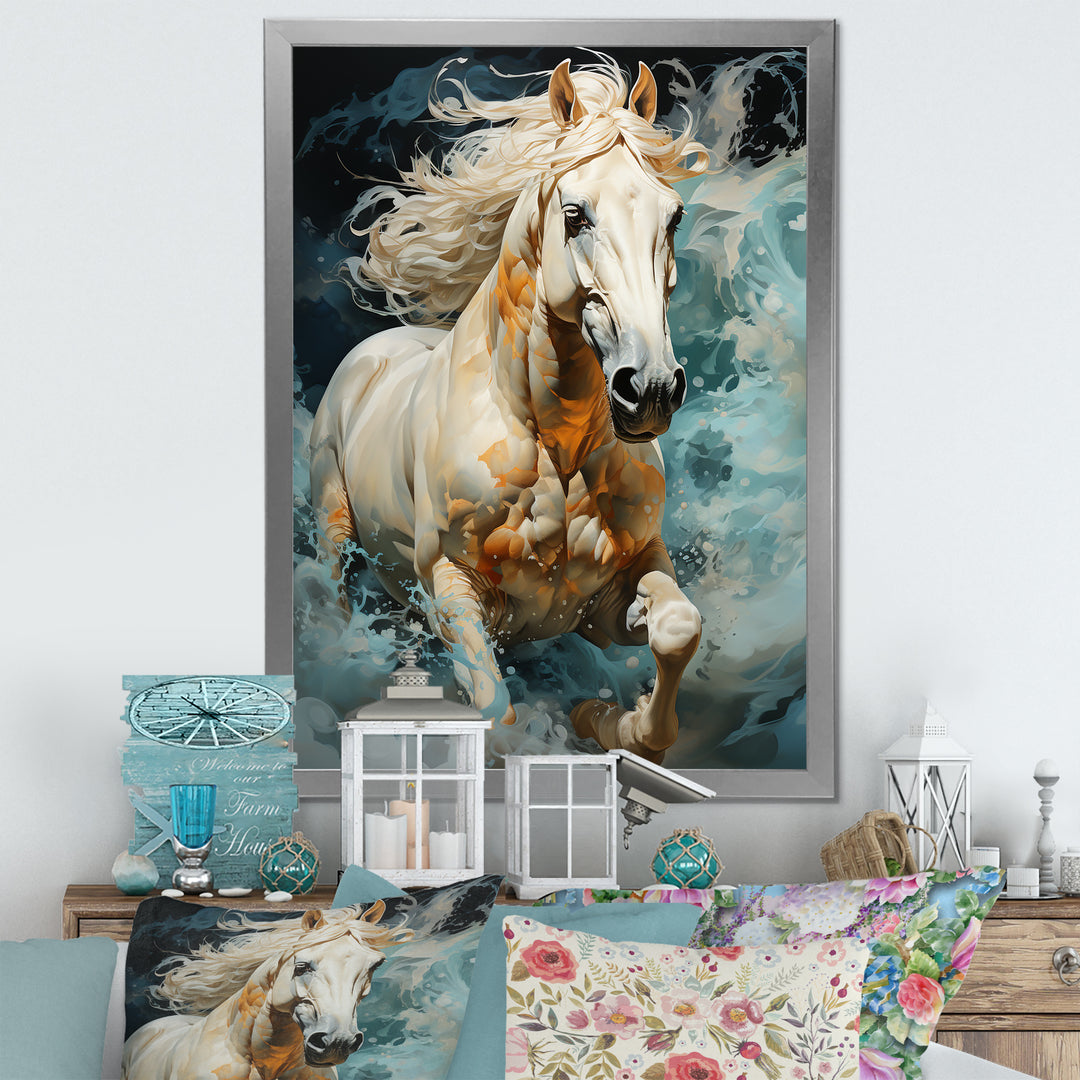 Whimsical Of A Horse Cantering In Fog - Beige Horse Wall Art