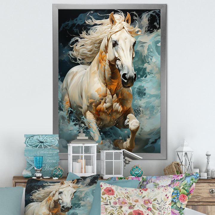 Whimsical Of A Horse Cantering In Fog - Beige Horse Wall Art