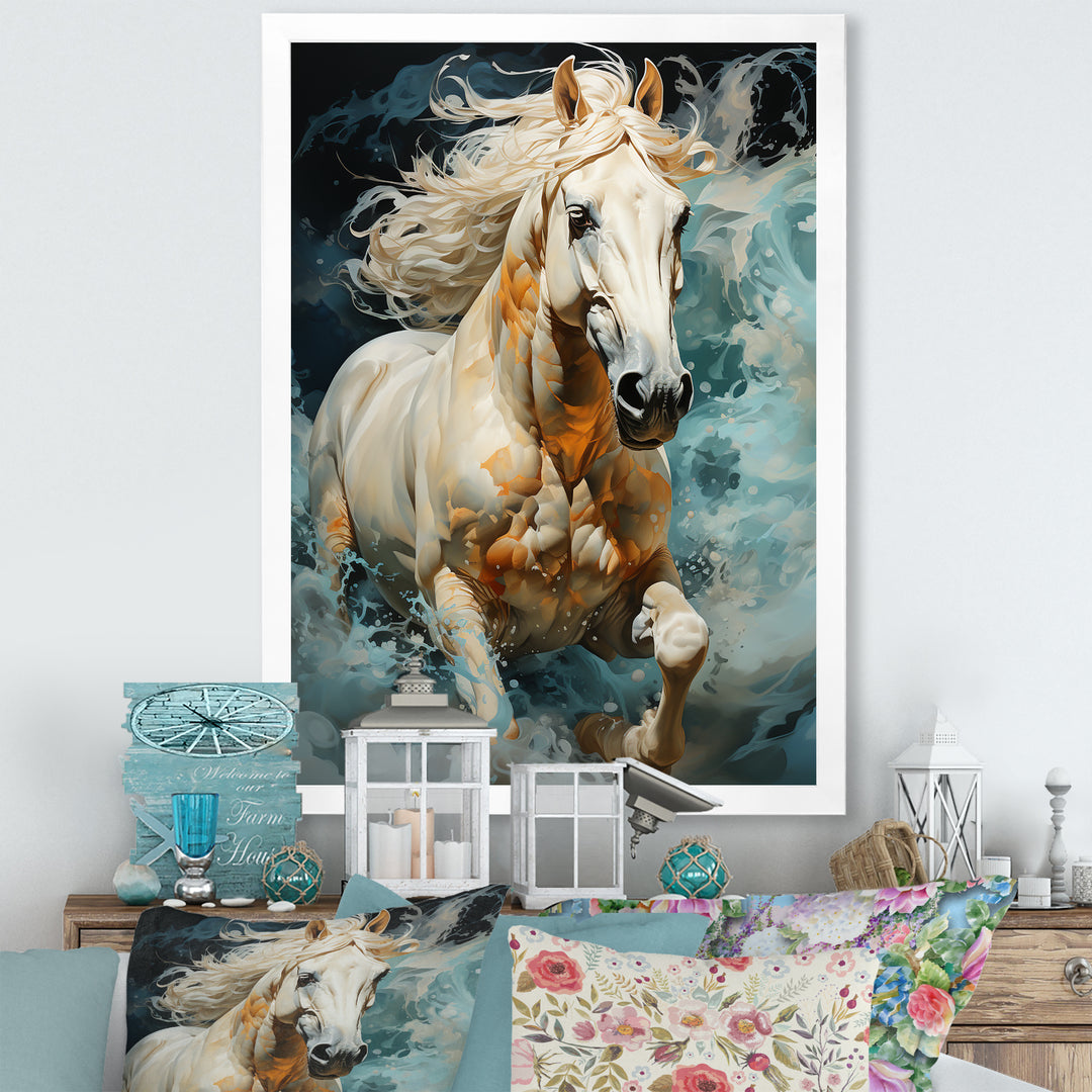 Whimsical Of A Horse Cantering In Fog - Beige Horse Wall Art