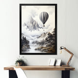 Monochrome Mountain Balloon Flight - Hot Air Balloon Canvas Wall Art