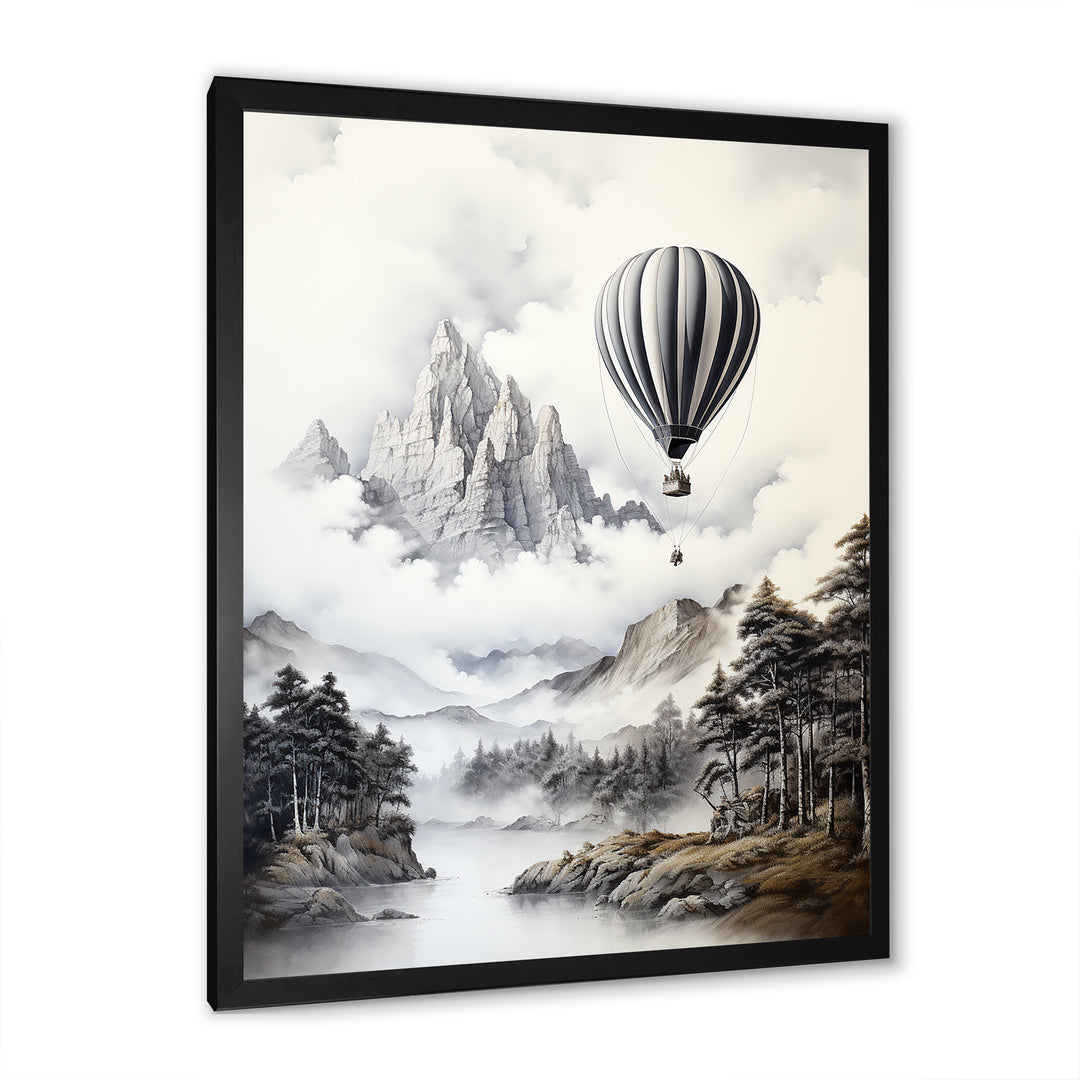 Monochrome Mountain Balloon Flight - Hot Air Balloon Canvas Wall Art