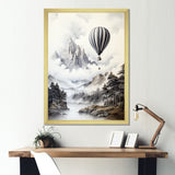 Monochrome Mountain Balloon Flight - Hot Air Balloon Canvas Wall Art