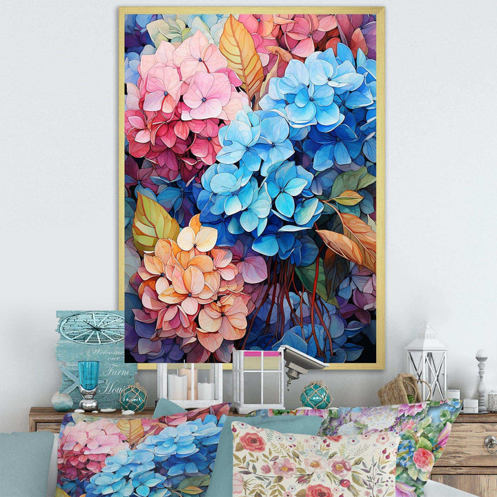 Blue And Orange Hydrangea Blooming II - Floral Canvas Wall Art
