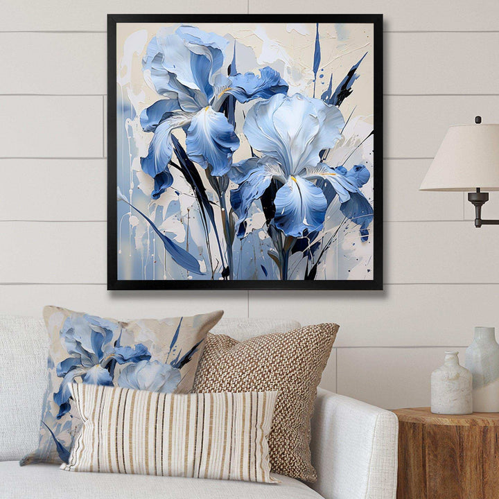 Blue And White Garden Of Irises - Floral Canvas Wall Art