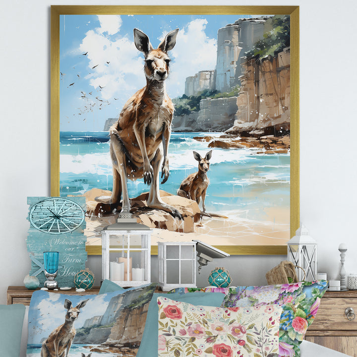 Kangaroo Family In Australia Coast - Blue Kangaroo Wall Art
