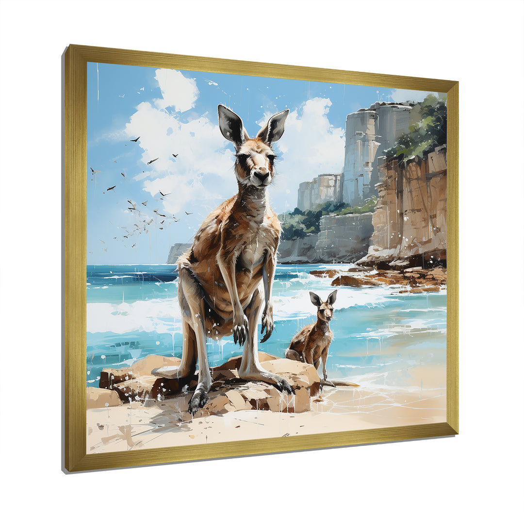 Kangaroo Family In Australia Coast - Blue Kangaroo Wall Art