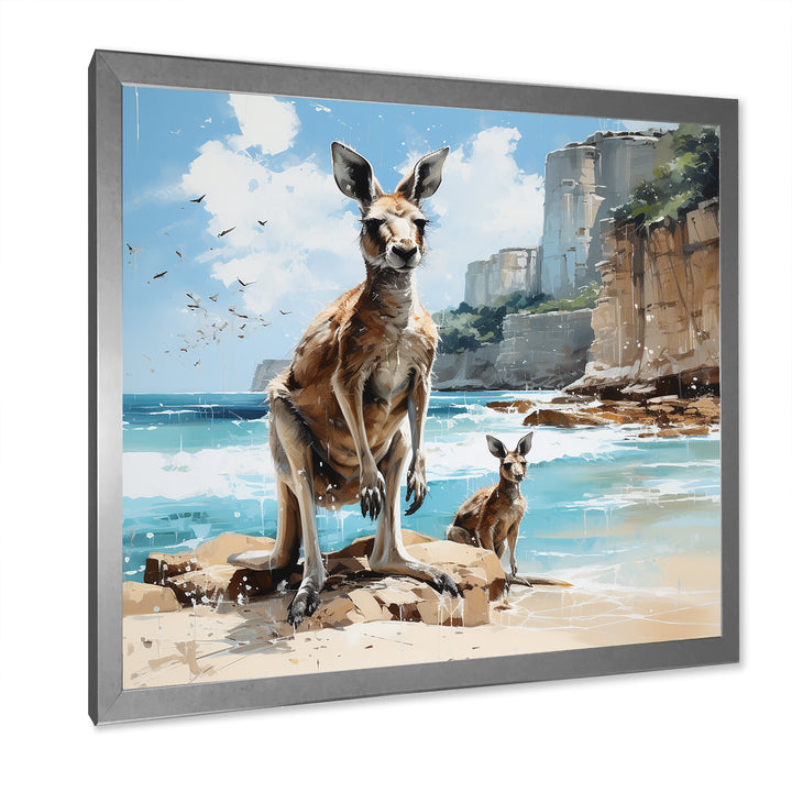 Kangaroo Family In Australia Coast - Blue Kangaroo Wall Art