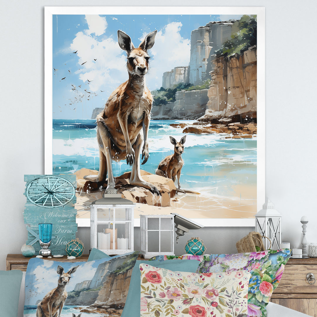 Kangaroo Family In Australia Coast - Blue Kangaroo Wall Art