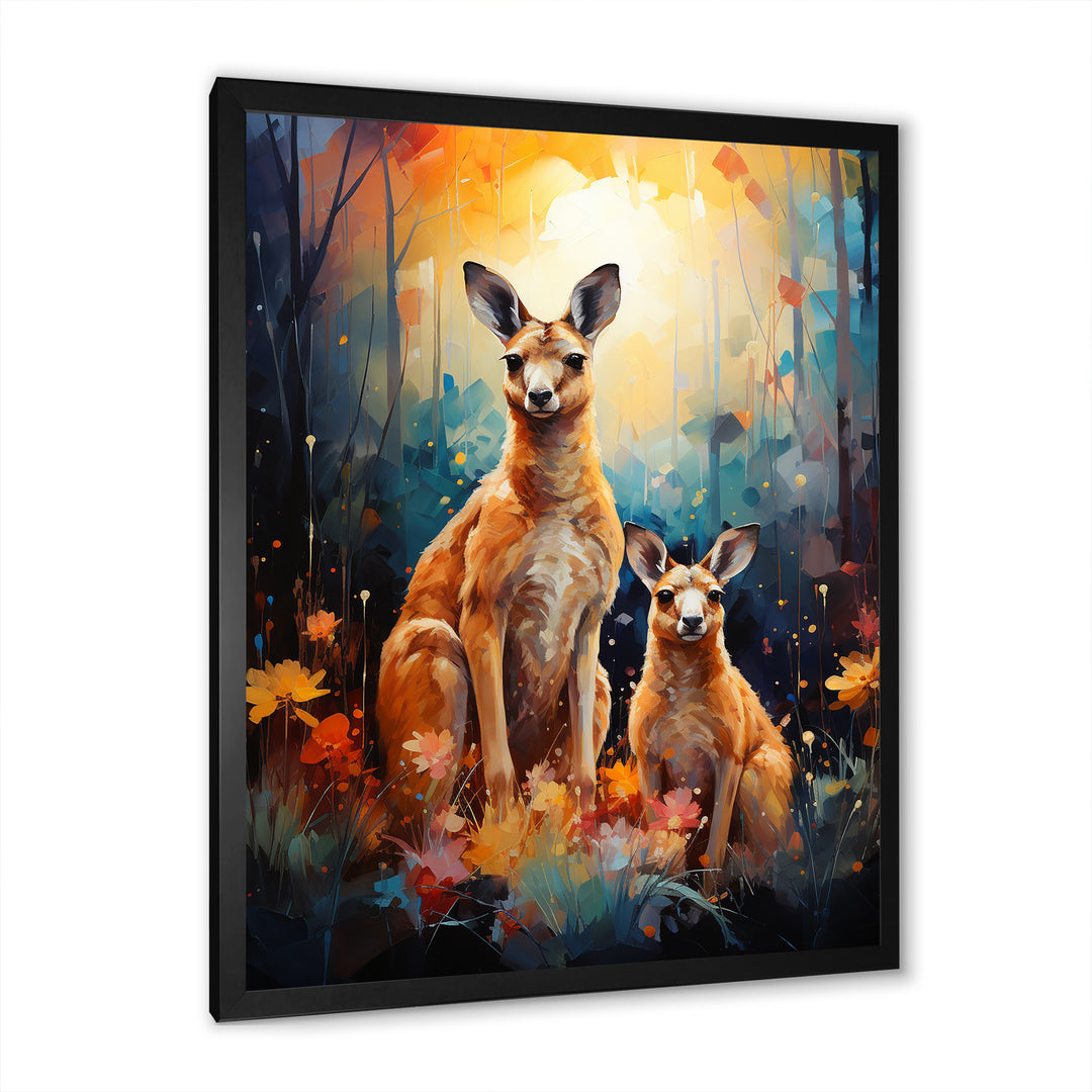 Cute Kangaroo Flower Oasis - Kangaroo Framed Canvas Art