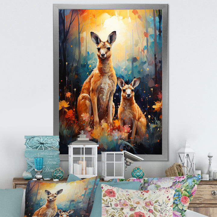 Cute Kangaroo Flower Oasis - Kangaroo Framed Canvas Art