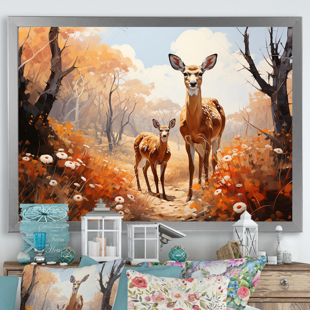 Wild Deer Golden Flower Kingdom - Deer Living Room Wall Art