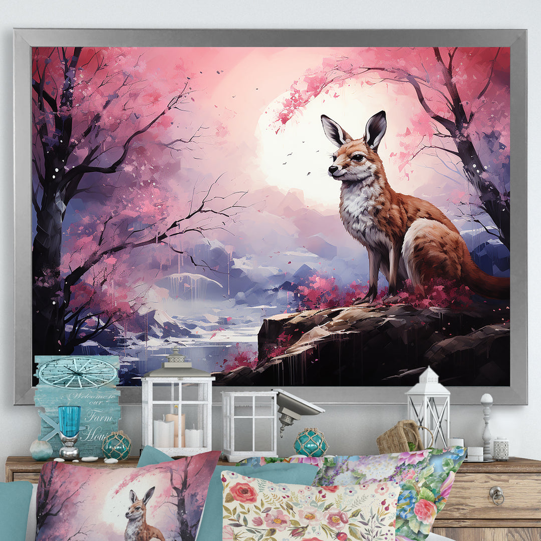 Moonlight Kangaroo Landscape - Pink Kangaroo Wall Art